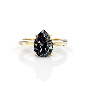 Dark grey moissanite Pear Shaped Engagement Ring, 2Ct Solitaire Teardrop 14K Gold Ring