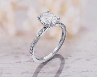 Oval Engagement Ring 1ct Dainty Oval Moissanite Ring 14k White Gold Solitaire Ring & 0.18 ct Diamond Accent Ring