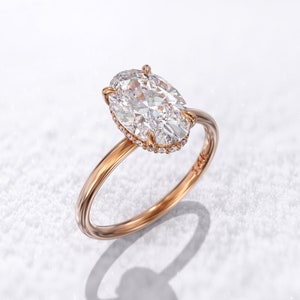 Oval Engagement Ring, 2CT Moissanite ring, 14K / 18K Solid gold , 0.09ct Hidden halo diamonds