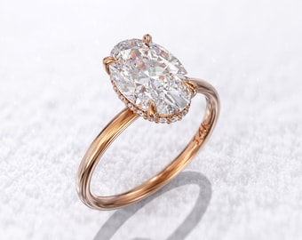 Oval Engagement Ring, 2CT Moissanite ring, 14K / 18K Solid gold , 0.09ct Hidden halo diamonds