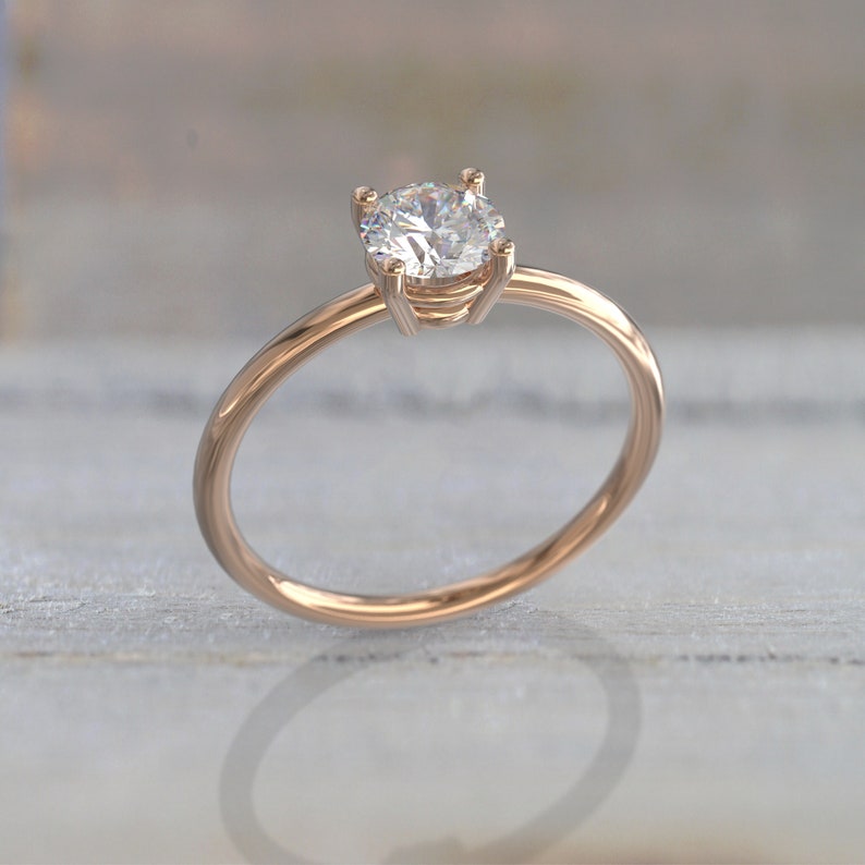 White Sapphire Engagement Ring 4 Prong 1CT Round Solitaire 14k Solid Rose Gold minimalist Ring image 7