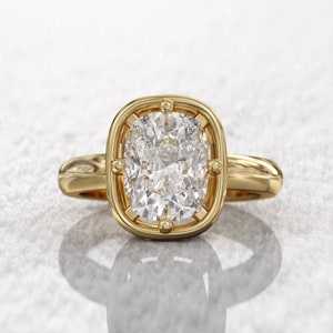 Solitaire Engagement Ring, 2Ct Cushion Cut 7x9mm Moissanite, bezel set ring, 3mm band 14\18k