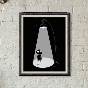 May include: A black and white illustration of a small figure standing in a spotlight. The figure has large eyes and a simple body. The background is black with white stars.
