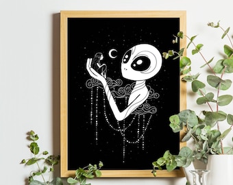 Alien Girl Art Print | Extraterrestrial Wall Art | Aliens Poster | Outer Space Art | Moon Lover Gift | UFO Decor | Cosmic Illustration