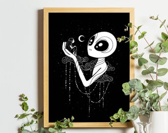 Alien Girl Art Print | Extraterrestrial Wall Art | Aliens Poster | Outer Space Art | Moon Lover Gift | UFO Decor | Cosmic Illustration
