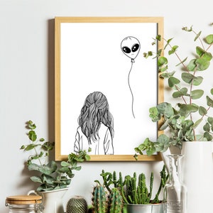 Need More Space Art Print | Alien Girl Wall Art | Aliens Poster | Outer Space Simple Line Art | Alien Lover Gift | UFO | Cosmic Illustration