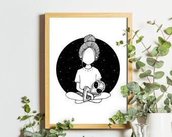 Alien Art Print | Alien Girl Wall Art | Alien Decor | Space Art | Alien Aesthetic | UFO Decor | Outer Space Art | Cosmic Illustration