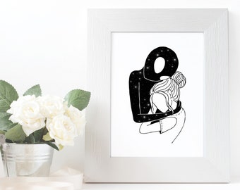 Alien Love art print, Outer space wall decor, Black and white poster, Cosmic ufo wall art