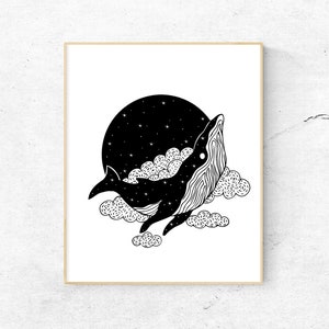 Whale Art Print, Humpback Whale Poster, Outer Space Whale Drawing, Cosmic Whale Illustration Decor, Whale in Cosmos Wall Hanging