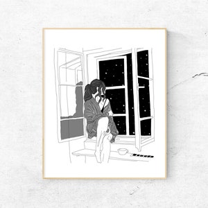 Impresión de arte del cielo nocturno, cartel de la chica del espacio exterior, arte de la pared de la línea simple celestial, decoración del salón cósmico, ilustración del cosmos mirando las estrellas