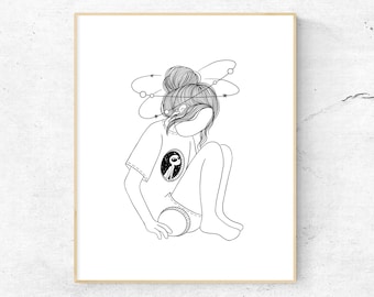 Alien Girl Art Print | Open Kunst aan de Muur | Aliens Poster | Outer Space Art | ET Lover Cadeau | Minimale UFO Decor | Eenvoudige kosmische illustratie