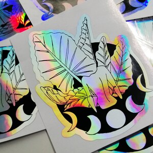 Adesivo botânico holográfico, decalques holográficos das fases da lua, presentes para amantes da natureza, decalque das fases da lua para laptop, adesivo para janela de carro, adesivo para carro