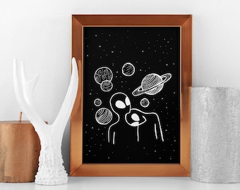 Alien Friend art print, Outer space wall decor, Black and white poster, Cosmic ufo wall art, Solar System, Saturn