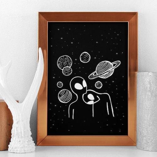 Alien Lover Art Print Outer Space Wall Decor Black and White Etsy