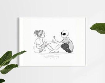 Alien Friend Art Print | Extraterrestrial Wall Art | Outer Space Poster | Aliens Lover Gift | UFO Decor | Sci Fi | Cosmic Illustration, ET