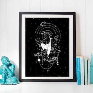 Impresión de arte budista, decoración de la pared del espacio exterior, cartel del niño de la luna, sistema solar, monje zen