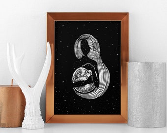 Full Moon Embrace art print, Decoración de la pared del espacio exterior, Póster de ilustración de la Madre Tierra