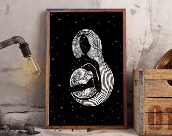 Moon Goddess art print, Outer space wall decor, Full Moon poster
