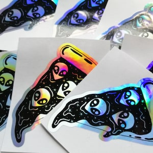 Holografische buitenaardse pizzasticker, holostickers in de ruimte, geschenken voor voedselliefhebbers, kosmische laptopsticker, autoraamsticker, bumpersticker