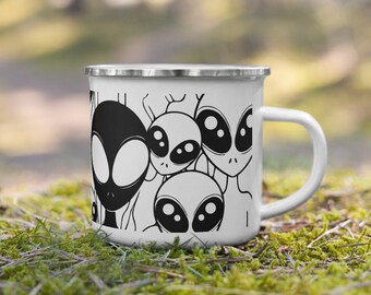 Alien Enamel Mug, Fun UFO Campfire Coffee Mug, Cosmic Aliens Camper Tea Mug Gift, ET Adventure Camping Mug, Funny Hiking Outer Space Mug
