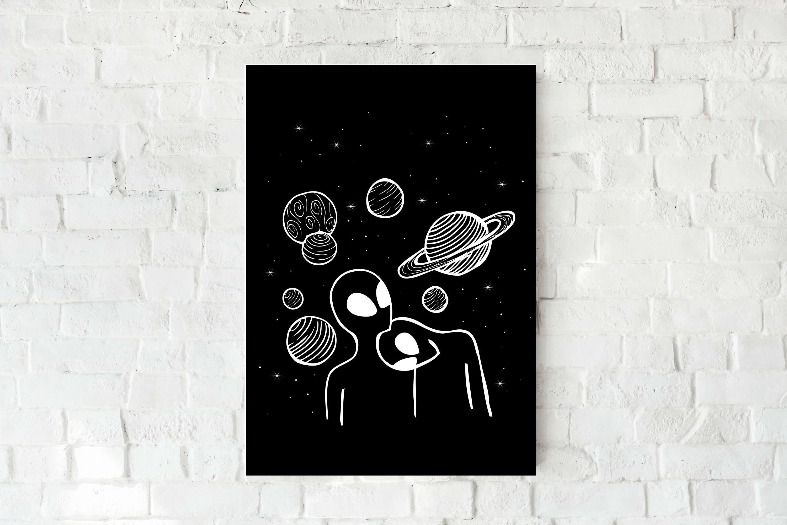 Alien Friend Art Print, Outer Space Wall Decor, Black and White Poster ...