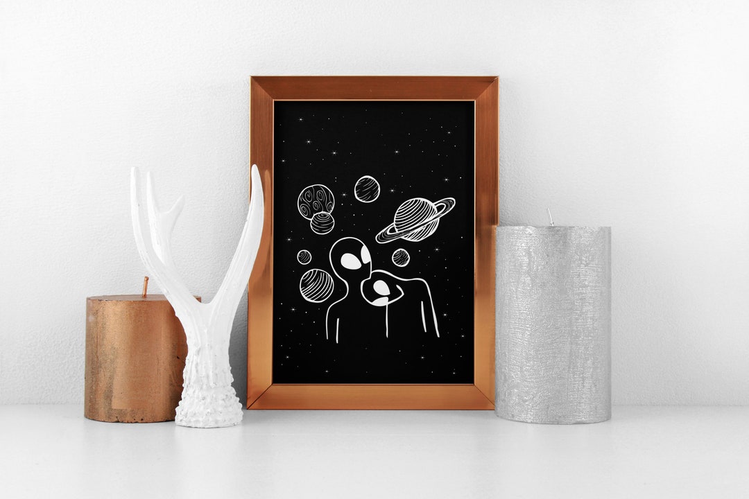 Alien Friend Art Print, Outer Space Wall Decor, Black and White Poster ...