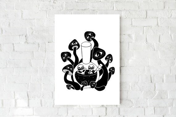 Bong Chill Art Print Outer Space Wall Decor Psychedelic Black And White Illustration Abstract Stoner Alien Weed Poster