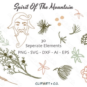 Puede incluir: Un conjunto de 30 ilustraciones dibujadas a mano que representan un espíritu de montaña, ramas de pino, flores y otros elementos inspirados en la naturaleza. Las ilustraciones están en negro, blanco y tonos de verde y marrón. El texto "Spirit of the Mountain" y "30 Seperate Elements PNG - SVG - DXF - AI - EPS" está incluido en la imagen.