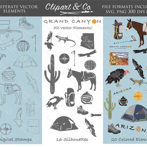 Grand Canyon Reisen Clip Art-Design-Elemente-52 Vektor-Bilder für kommerzielle Nutzung, Camping Clipart, Tiercliparts, digitale Briefmarken