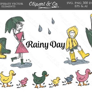 May include: A set of 12 hand-drawn illustrations featuring a rainy day theme. The illustrations include a girl with an umbrella, a boy in a raincoat, ducks, rain drops, and boots.
