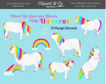 SVG Unicorns Rainbow Clipart 22 Design Elements, Vector Images, Magical Unicorns, Summer Clip Art and Rainbow Clipart
