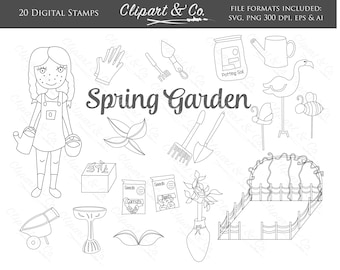 Spring Garden Clipart, Black and White svg, png, eps, ai (Digital Download)