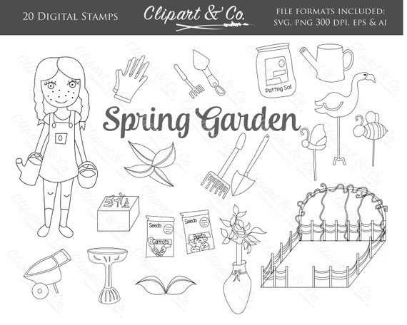 Download Garden Line Art Garden Tools Clipart Black And White Design Etsy