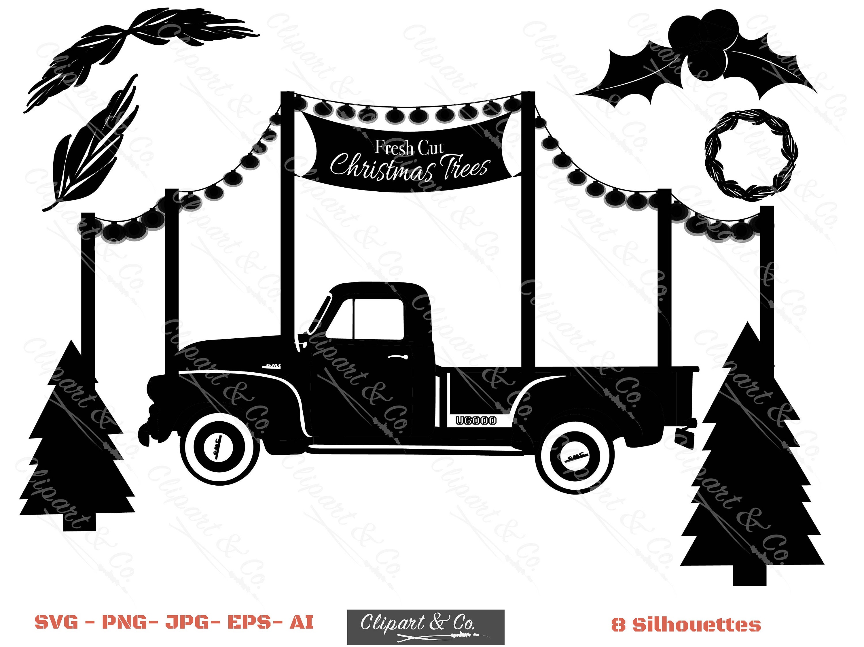 Silhouette Christmas Tree and Vintage Truck Christmas Tree and Vintage