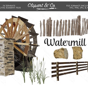 Fence Clipart - Watermill SVG - Farm Fence SVG - Vintage Clipart - Hand Drawn Vector Images - Rustic Clipart - Farm Ranch SVG