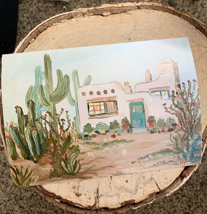 Adobe House Painting, Santa Fe Adobe House Blue Door Oil Painting