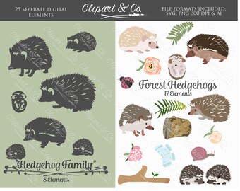 Hedgehog Clipart, Woodland Animals Clipart, Design Elements Forest Clipart, 25 Vector Images and SVG Decals