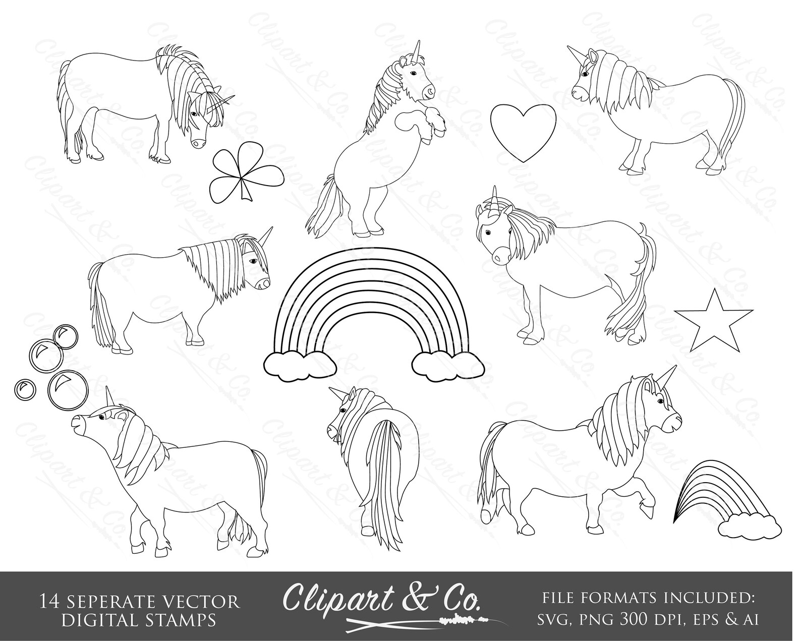 Einhorn Clipart, Einhorn Umriss ClipArt 14 digitale Briefmarken Design