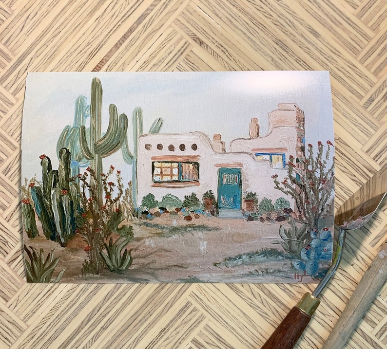 Adobe House Painting, Santa Fe Adobe House Blue Door Oil Painting