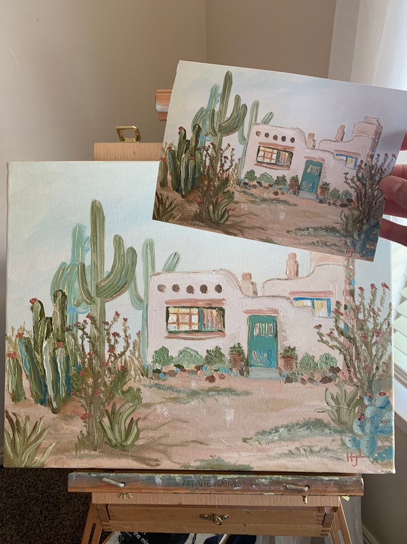 Adobe House Painting, Santa Fe Adobe House Blue Door Oil Painting