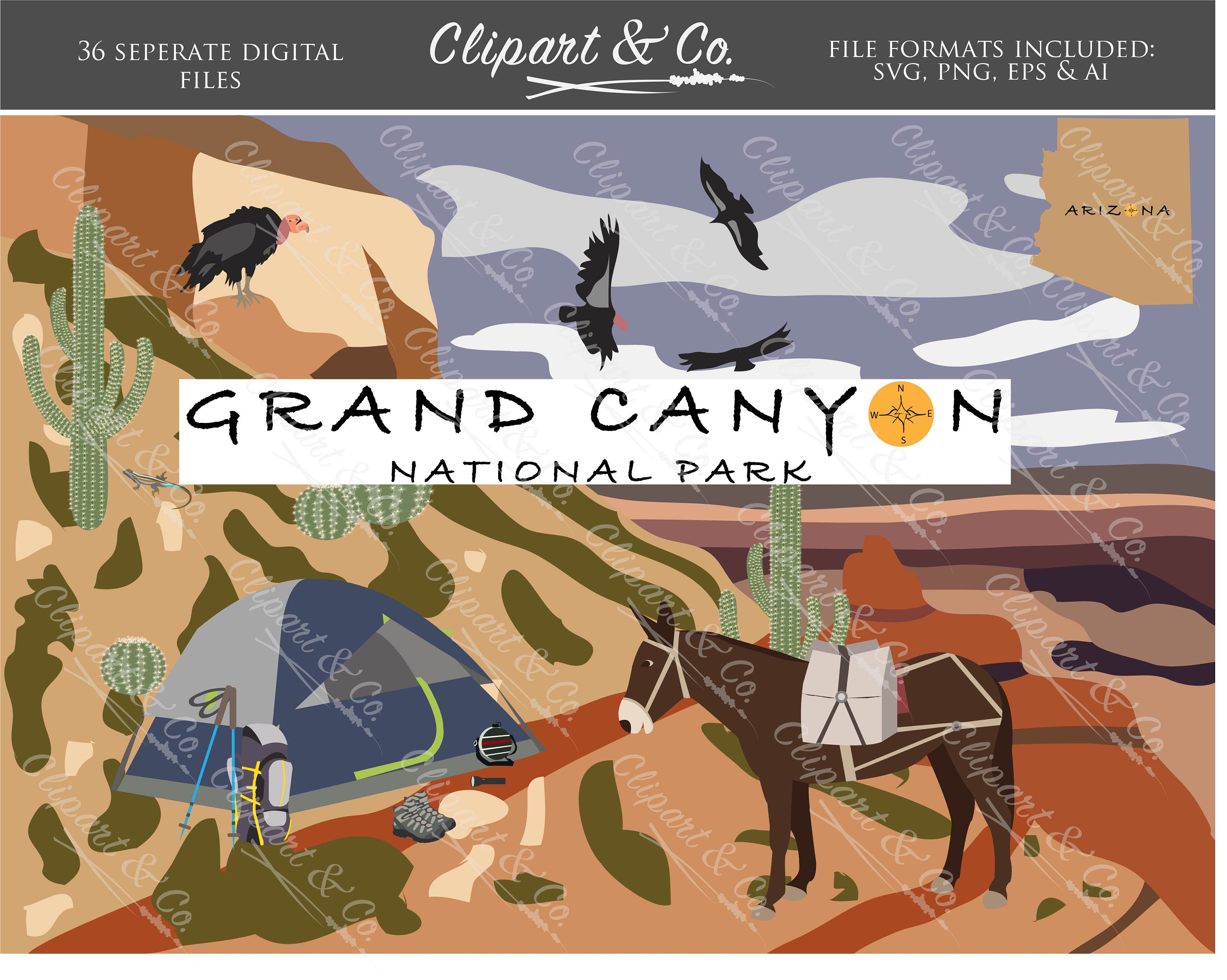 Grand Canyon Travel Clip Art Design Elements 52 Vector Images for ...