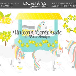 SVG Enhörningar Clip Art Lemonadställ 24 Designelement, Vektorbilder, Magiska Enhörningar, Sommar Clip Art och Citron Clipart