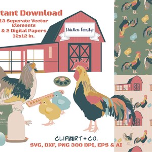 Huhn auf dem Bauernhof Tier Clipart, Huhn Digitales Papier, Hahn SVG, Hühnerstall SVG, Huhn Clip Art, SVG Bauernhof Szene, Huhn und Hahn