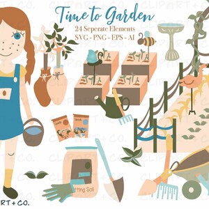 Garten Clipart SVG, Frühling Garten Clipart, Garten Vektor, Garten PNG, Sommer SVG, Gartenwerkzeuge Clipart, Frühling Doodles, Gartenarbeit Clipart