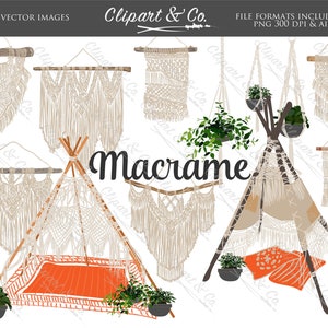 Może przedstawiać: Zestaw 27 obrazów wektorowych z wzorami makramy, w tym makramy ścienne, tipi i donice. Paleta kolorów obejmuje beż, brąz, pomarańczowy i zielony. Tekst "Macrame" jest wyraźnie wyświetlany.