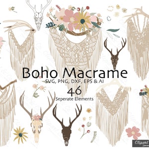 Może przedstawiać: Zestaw 46 elementów grafiki boho makramowej i czaszki jelenia. Elementy są w kolorze beżowym, brązowym i różowym. Elementy idealnie nadają się do tworzenia projektów cyfrowych, zaproszeń i innych prac ręcznych.