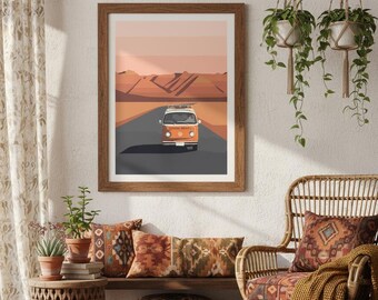 Orange VW Van Poster, Digital Art Download, Van Life Print, Boho Illustration, Travel Art, Traveler Gift, Decor A3 A4