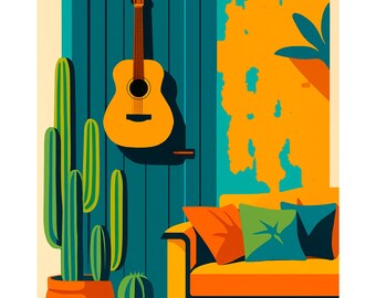Guitar and Cactus Art, Digital Download Print, Minimalist Music Poster, Botanical Illustration, Musician Gift, Boho Decor A3 A4