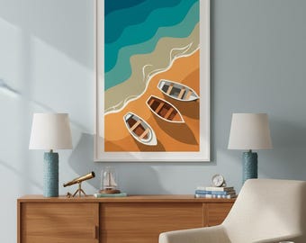 Minimalist Boat Art, Digital Download Print, Beach Poster, Nautical Illustration, Scandinavian Decor, Clean Design, Wall Art A3 A4