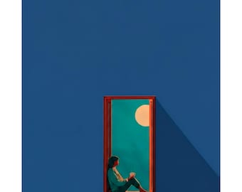 Woman at the Window Blue Minimalist Art Print, Digital Download, Modern Poster, Wall Illustration, Interior Design, Wall Art A3 A4